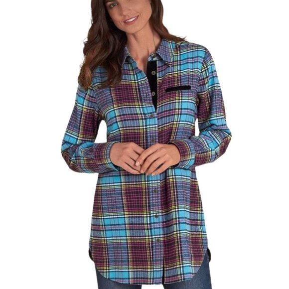 Soft Surroundings Shirt Womens Small Highlands Flannel Fuchsia Plaid Button Down - Picture 1 of 13